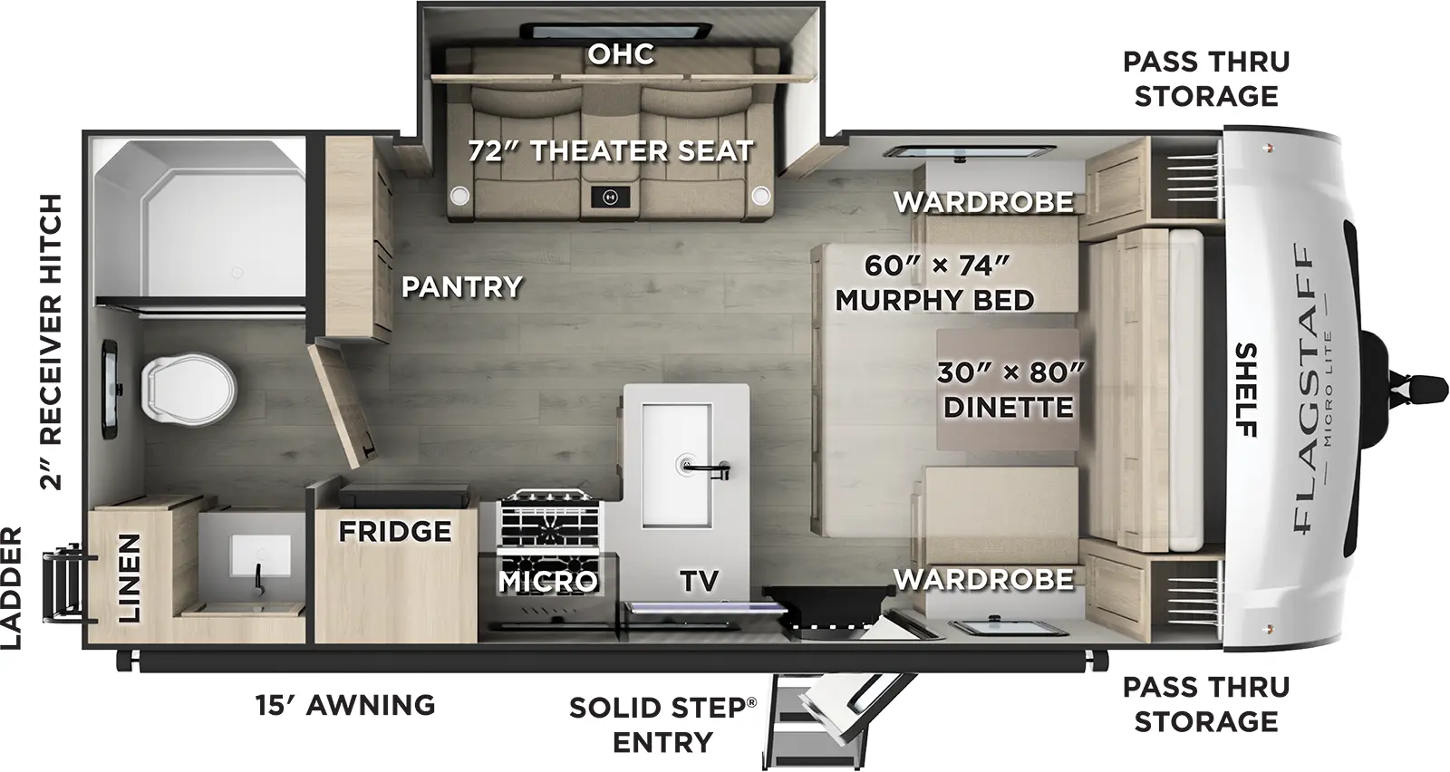 The Flagstaff Micro Lite 21SRB floorplan has one entry and one slide out. Exterior features include: fiberglass exterior and 15' awning. Interiors features include: murphy bed and rear bathroom.